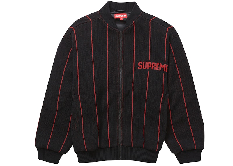 Supreme Pinstripe Varsity Zip Up Sweater Black