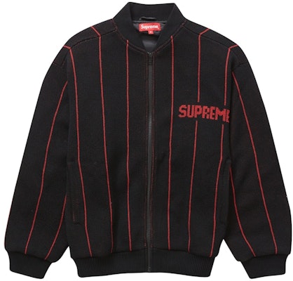 Supreme Pinstripe Varsity Zip Up Sweater Black Buy Supreme Pinstripe Varsity Zip Up Sweater Black