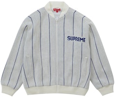 Supreme Pinstripe Varsity Zip Up Sweater White Supreme Pinstripe Varsity Zip Up Sweater White