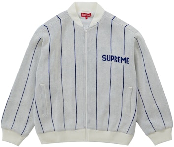 Supreme Pinstripe Varsity Zip Up Sweater Putih Buy Supreme Pinstripe Varsity Zip Up Sweater Putih
