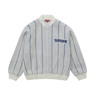Supreme Pinstripe Varsity Zip Up Sweater White