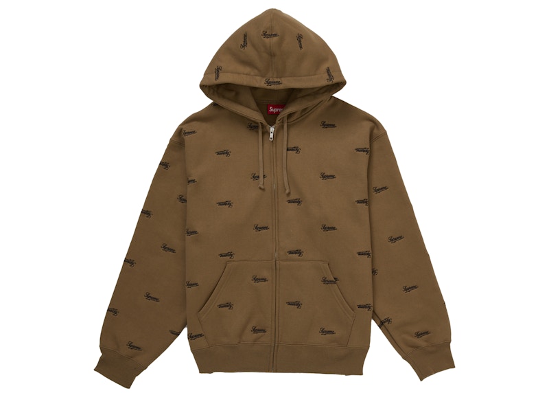 Supreme Repeat Script Zip Up Hooded Sweatshirt Dark Khaki