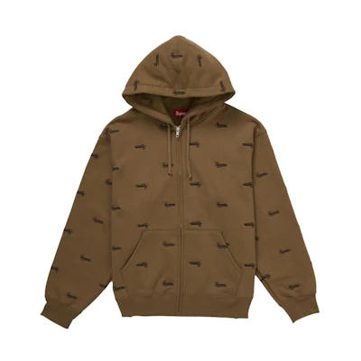 Supreme Repeat Script Zip Up Hooded Sweatshirt Dark Khaki