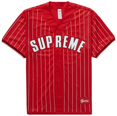 Supreme Rhinestone Stripe Baseball Jersey Red Buy Supreme Rhinestone Stripe Baseball Jersey Red