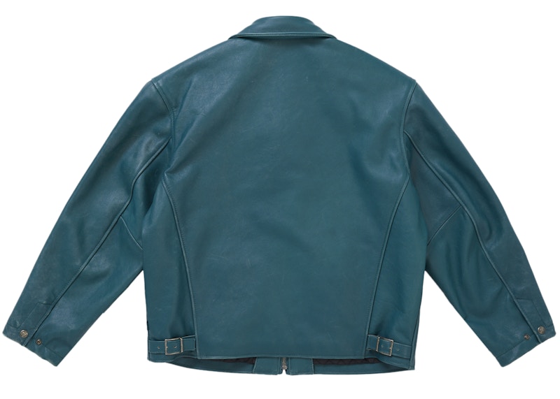 Lookbook Chaqueta de Cuero Supreme Schott Racer (FW25) Verde Azulado.