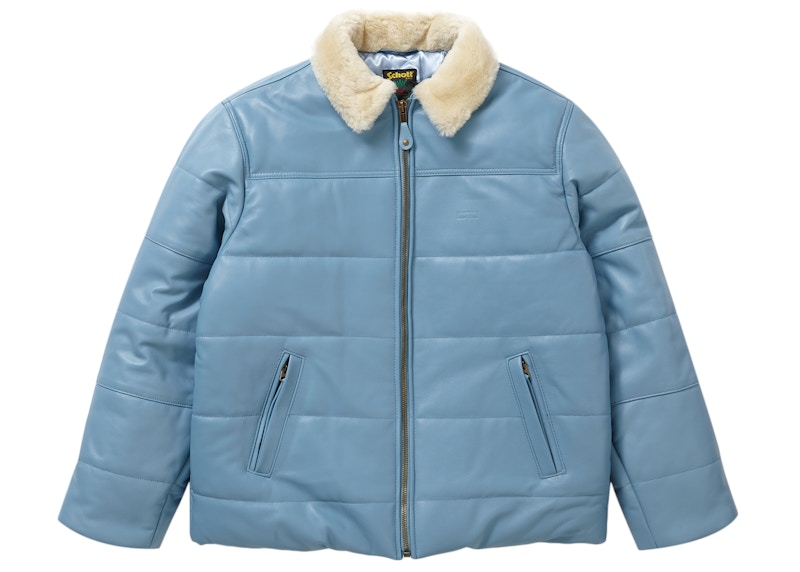Buy Chaqueta Puffy de Cuero Azul Claro Supreme Schott con Cuello de Borrego.