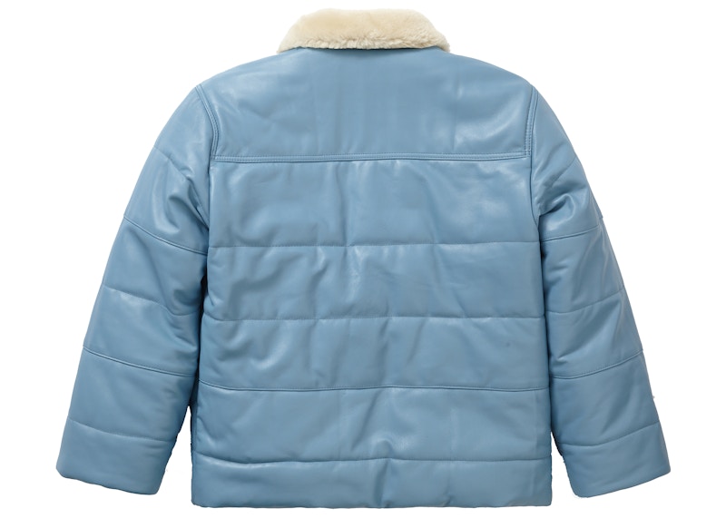 Lookbook Chaqueta Puffy de Cuero Azul Claro Supreme Schott con Cuello de Borrego.