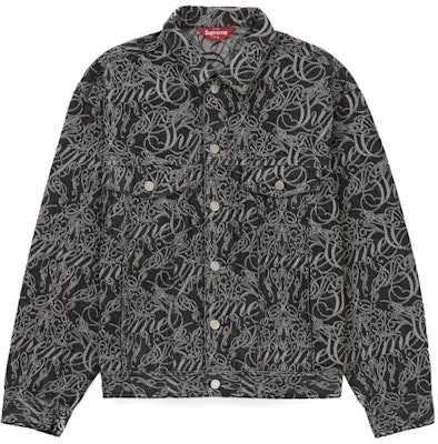 Supreme Script Jacquard Denim Trucker Jacket Hitam Pudar Buy Supreme Script Jacquard Denim Trucker Jacket Hitam Pudar