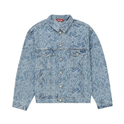 Supreme Script Jacquard Denim Trucker Jacket Washed Blue