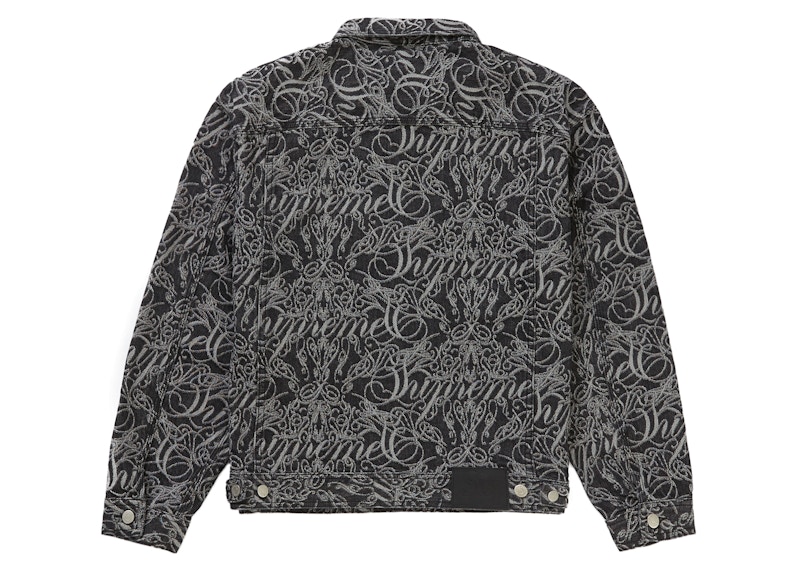 Order Supreme Script Jacquard Denim Trucker Jacket Hitam Pudar