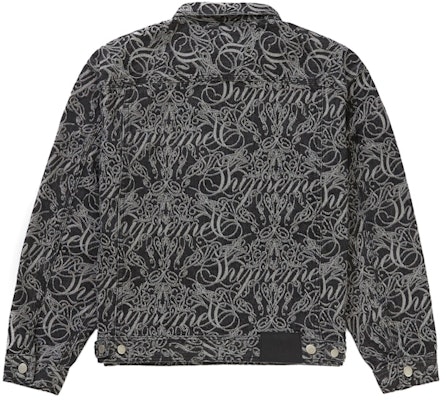 Supreme Script Jacquard Denim Trucker Jacket Hitam Pudar Order Supreme Script Jacquard Denim Trucker Jacket Hitam Pudar