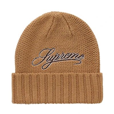 Supreme Script Logo Beanie Tan
