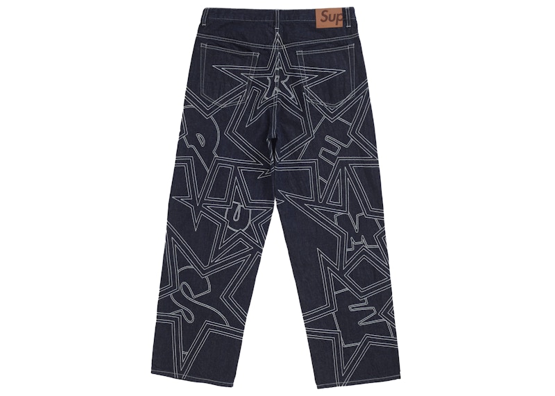 Order Supreme 星星缝线宽松牛仔裤 靛蓝色