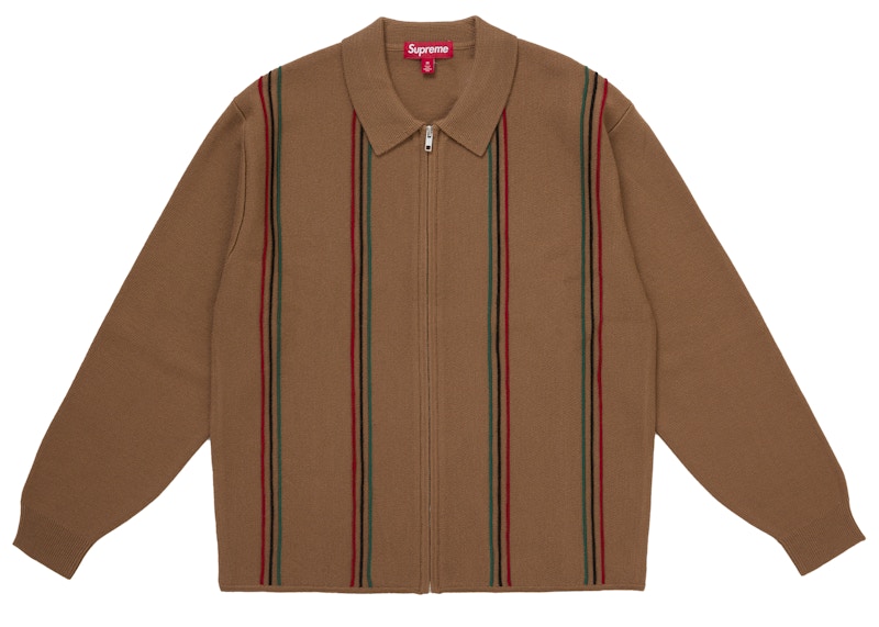 Supreme Stripe Zip Up Polo Sweater Tan