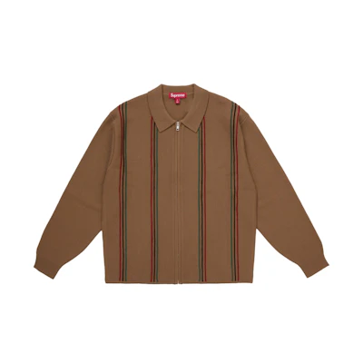 Supreme Stripe Zip Up Polo Sweater Tan