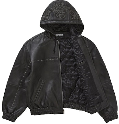 Chaqueta de Cuero con Capucha Tachonada Supreme Negra. Order Chaqueta de Cuero con Capucha Tachonada Supreme Negra.