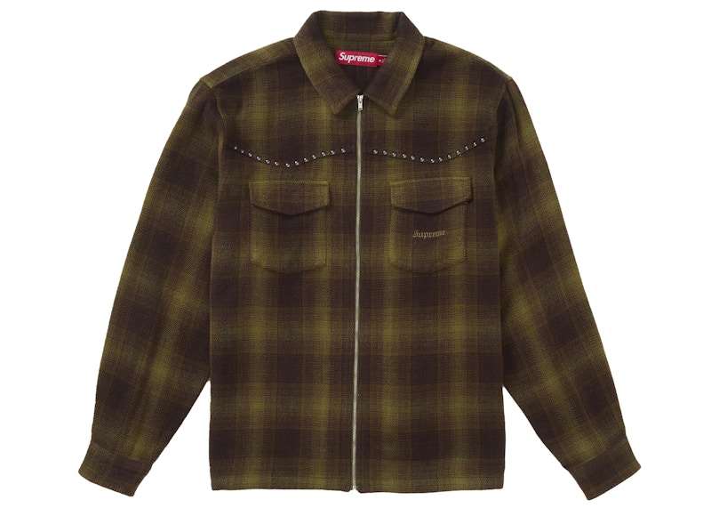 Supreme Studded Shadow Plaid Zip Up Shirt Green