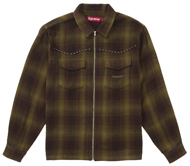 supreme-studded-shadow-plaid-zip-up-shirt-green