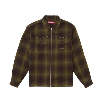 Supreme Studded Shadow Plaid Zip Up Shirt Green