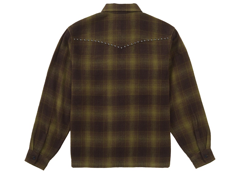 Order Supreme Studded Shadow Plaid Zip Up Shirt Hijau.