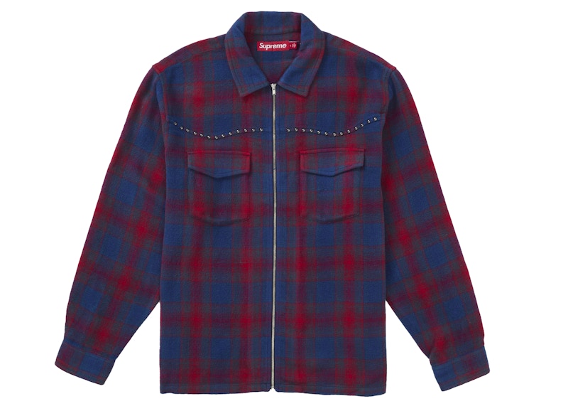 Supreme Studded Shadow Plaid Zip Up Shirt Red