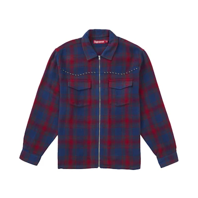 Supreme Studded Shadow Plaid Zip Up Shirt Red