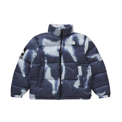 Supreme TNF Bleached Denim Print Nuptse Jacket Indigo
