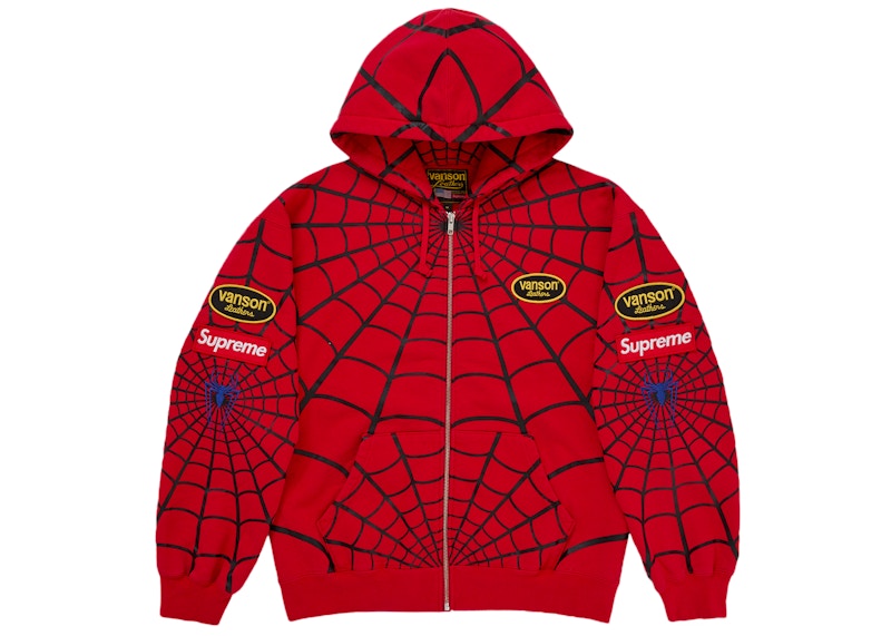 Supreme Vanson Leathers Spider-Man Zip Up Hooded Sweatshirt Red