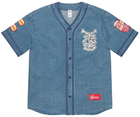 シュプリーム Week 10 パッチ デニム ベースボールジャージ ユニセックス Vネック ジャケット SUP-SS21-676 Sizing シュプリーム Week 10 パッチ デニム ベースボールジャージ ユニセックス Vネック ジャケット SUP-SS21-676