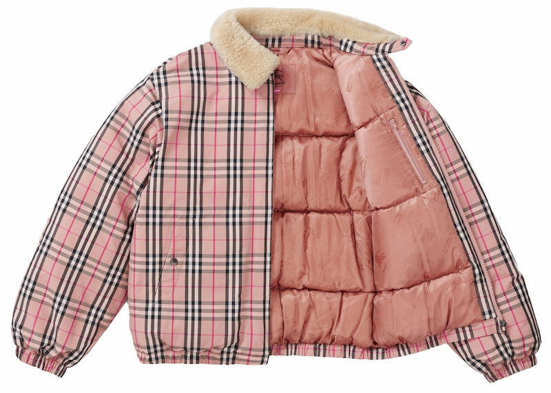 Order Jaket Puff Supreme x Burberry Pink dengan Kerah Bulu Domba