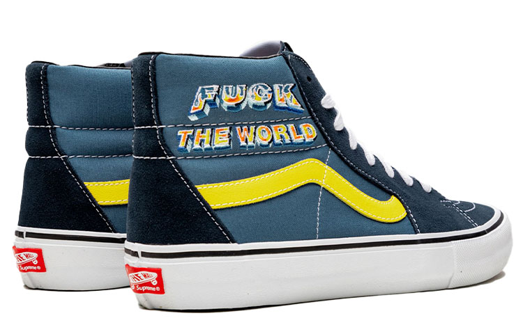 Purchase Supreme x Vans Sk8-Hi 'Fuck The World - Azul Marino' VN0A45JDSY2