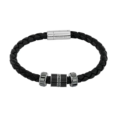 Swarovski Black Leather Beaded Bracelet with Faux Crystal for Men. 5185336&5159648