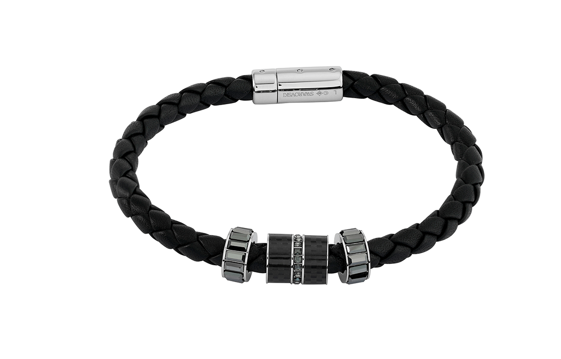 Shop Pulsera Negra de Cuero Swarovski con Cuentas y Cristales para Hombre. 5185336&5159648