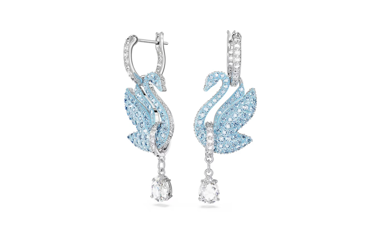 Swarovski Iconic Swan Blue Rhodium-Plated Teardrop Earrings Unisex Couple Style 5660593