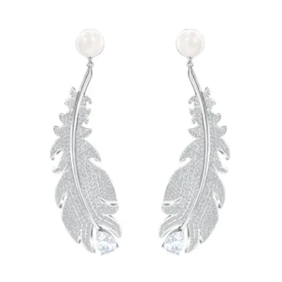 Swarovski NICE Pearl Feather Clip Earrings with Crystals - White. 5497866