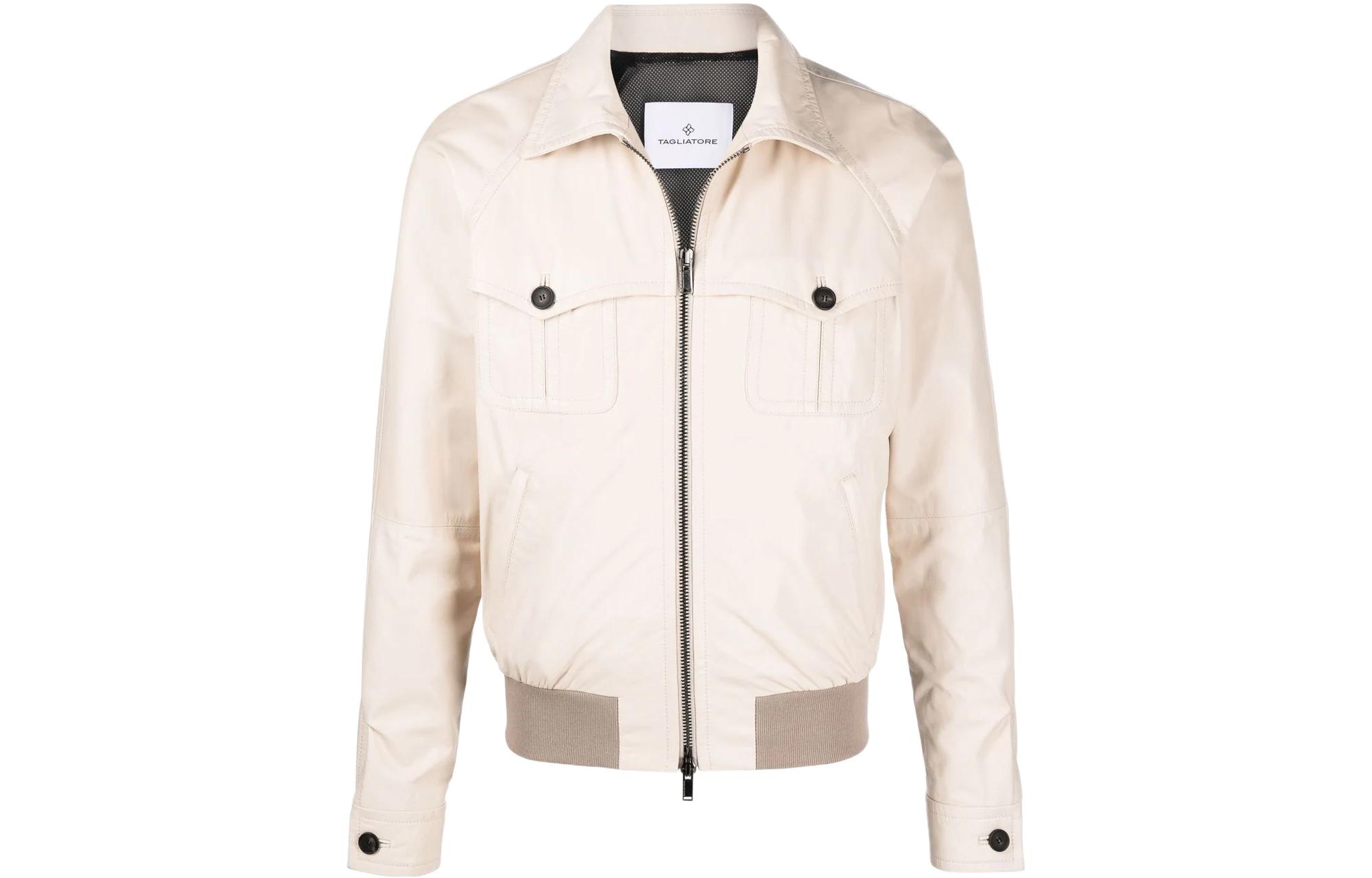 Tagliatore SS22 White Solid Long Sleeve Bomber Jacket DAVIDPEMDE22CR22E21