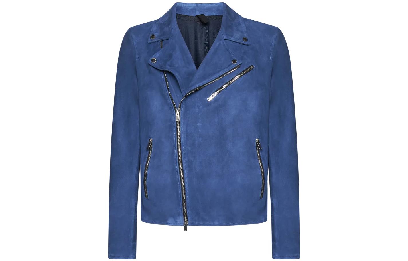Tagliatore SS23 Suede Moto Jacket Blue with Trapezoidal Lapel Design. FRANKLINCHE2301INDACO