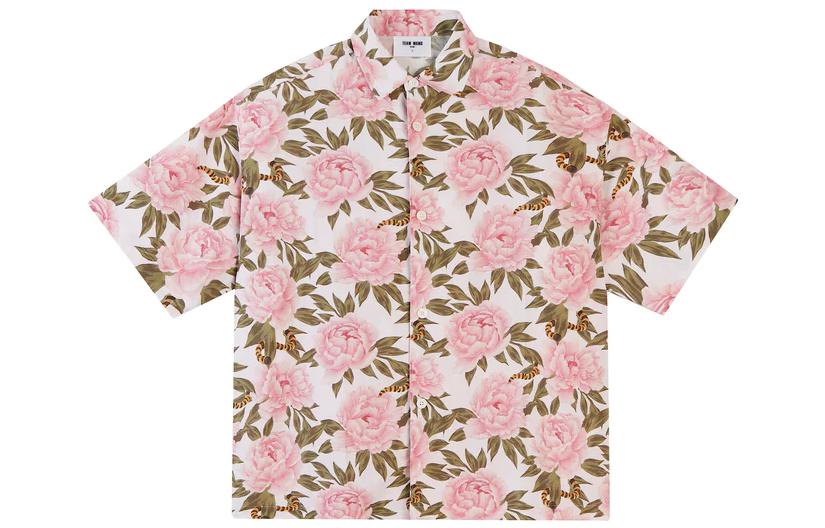 TEAM WANG Floral Print Button-Up Short Sleeve Shirt Unisex Pink TW-SK22A004