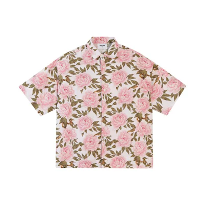 TEAM WANG Floral Print Button-Up Short Sleeve Shirt Unisex Pink TW-SK22A004