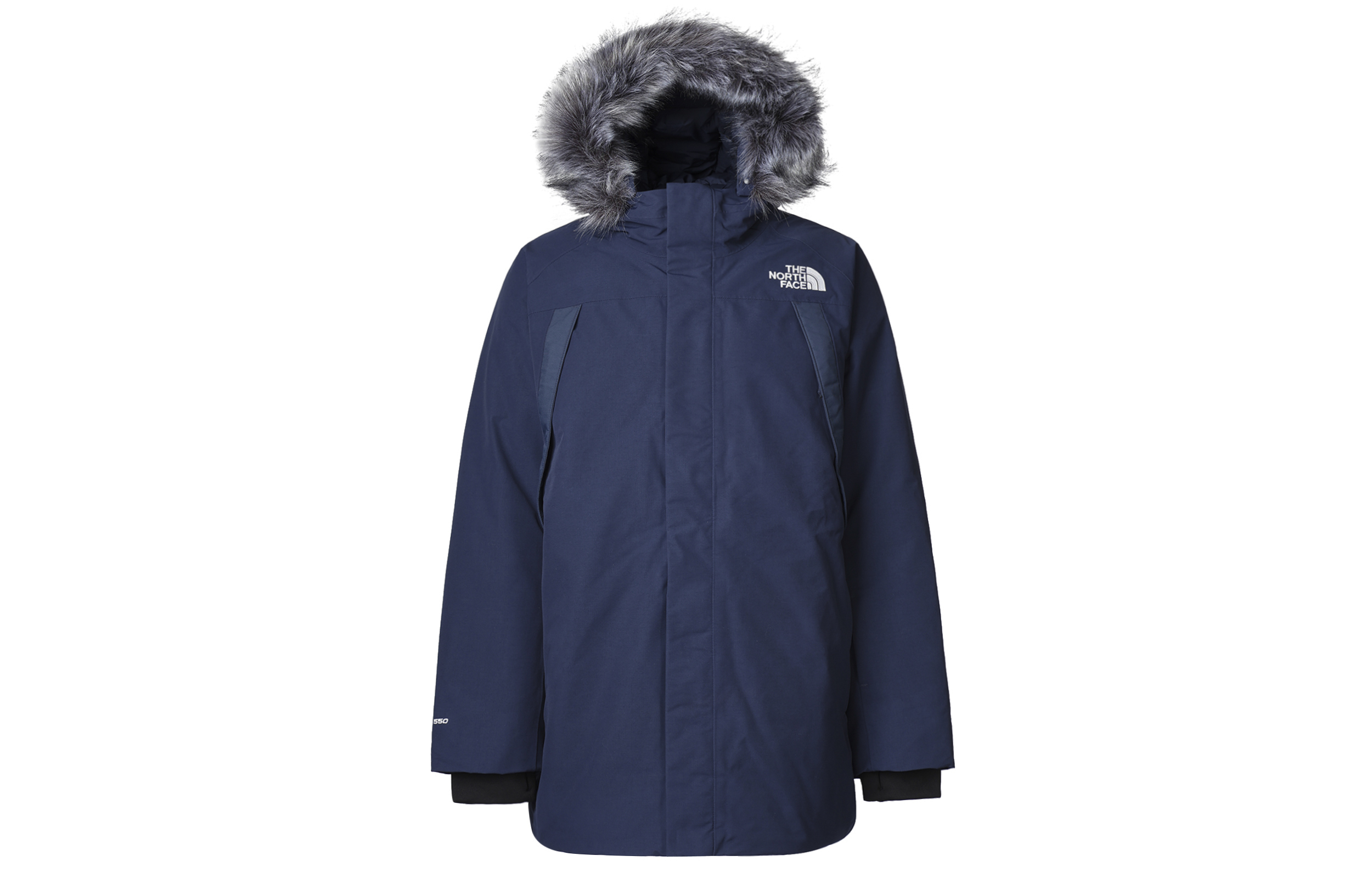 TNF  Navy Blue Down Jacket with Zip, Hood & Fur Trim. NF0A4QZ8-8K2