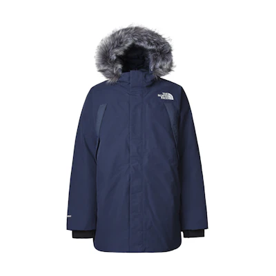 TNF Navy Blue Down Jacket with Zip, Hood & Fur Trim. NF0A4QZ8-8K2