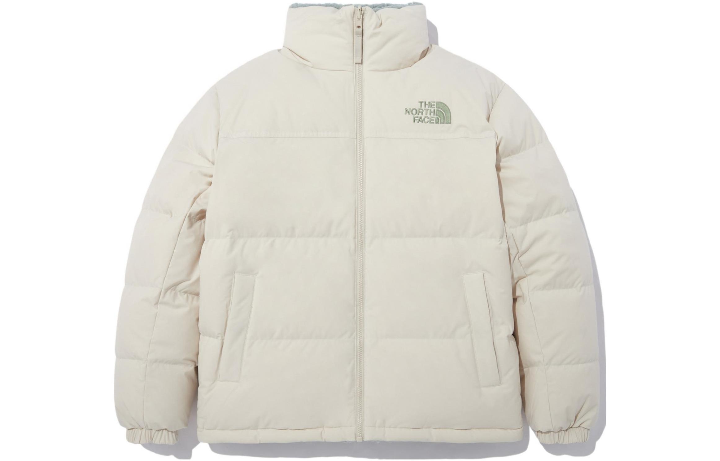 TNF Beige Zip-Up Down Jacket with Logo Print Unisex Winter Coat NJ1DN77D