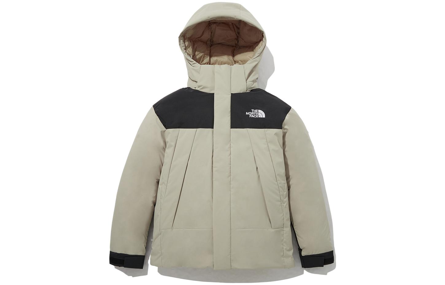 TNF Colorblock Logo Print Hooded Zip Puffer Jacket Beige Unisex NJ2DP50B