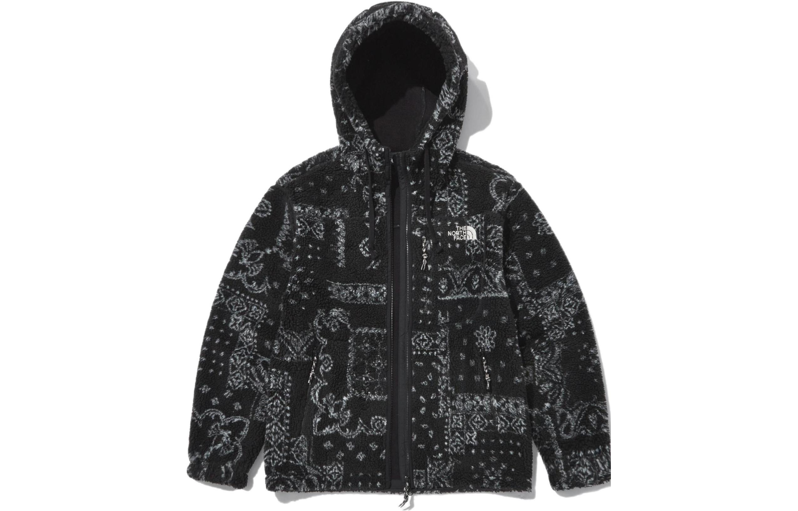 TNF Full-Print Logo Drawstring Zipper Fleece Jacket Men Black NJ4FN67A