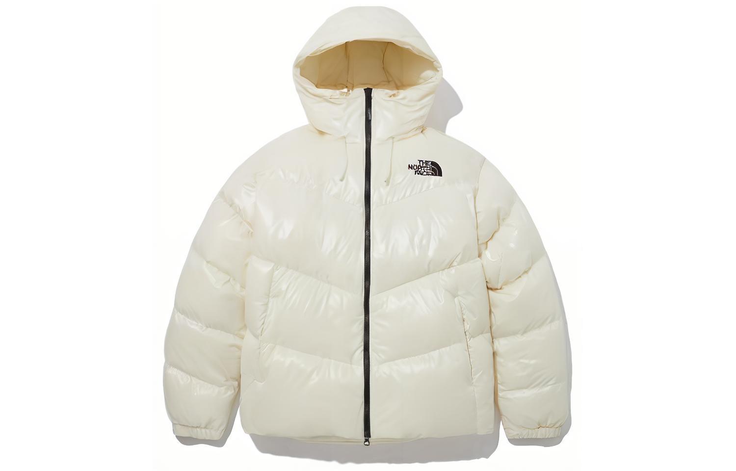 TNF FW23 Cream Unisex Down Hooded Zip Jacket with Logo Print NJ1DP53K