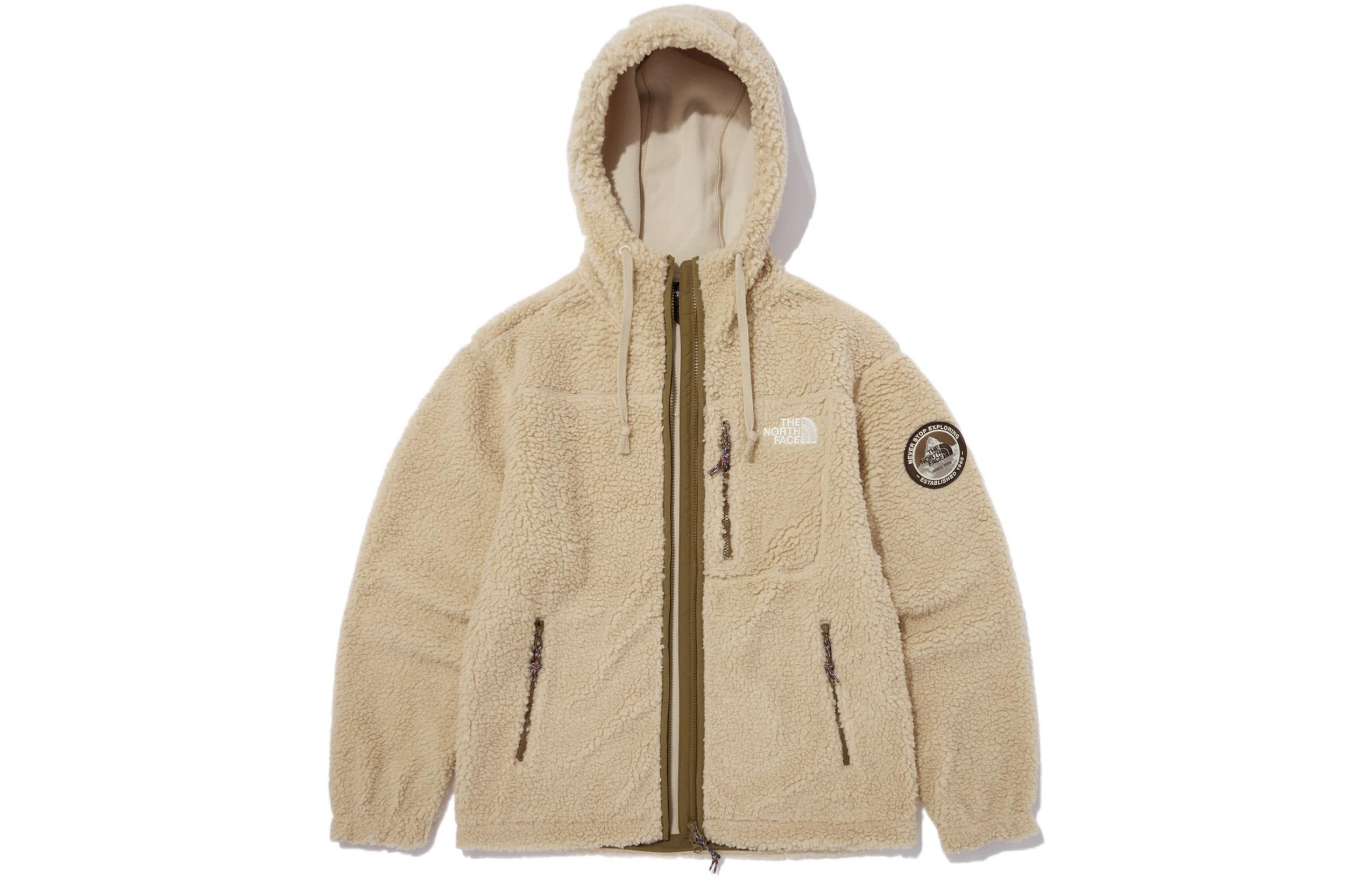 The North Face Logo Embroidered Fleece Hoodie Jacket Cream White NJ4FN57C