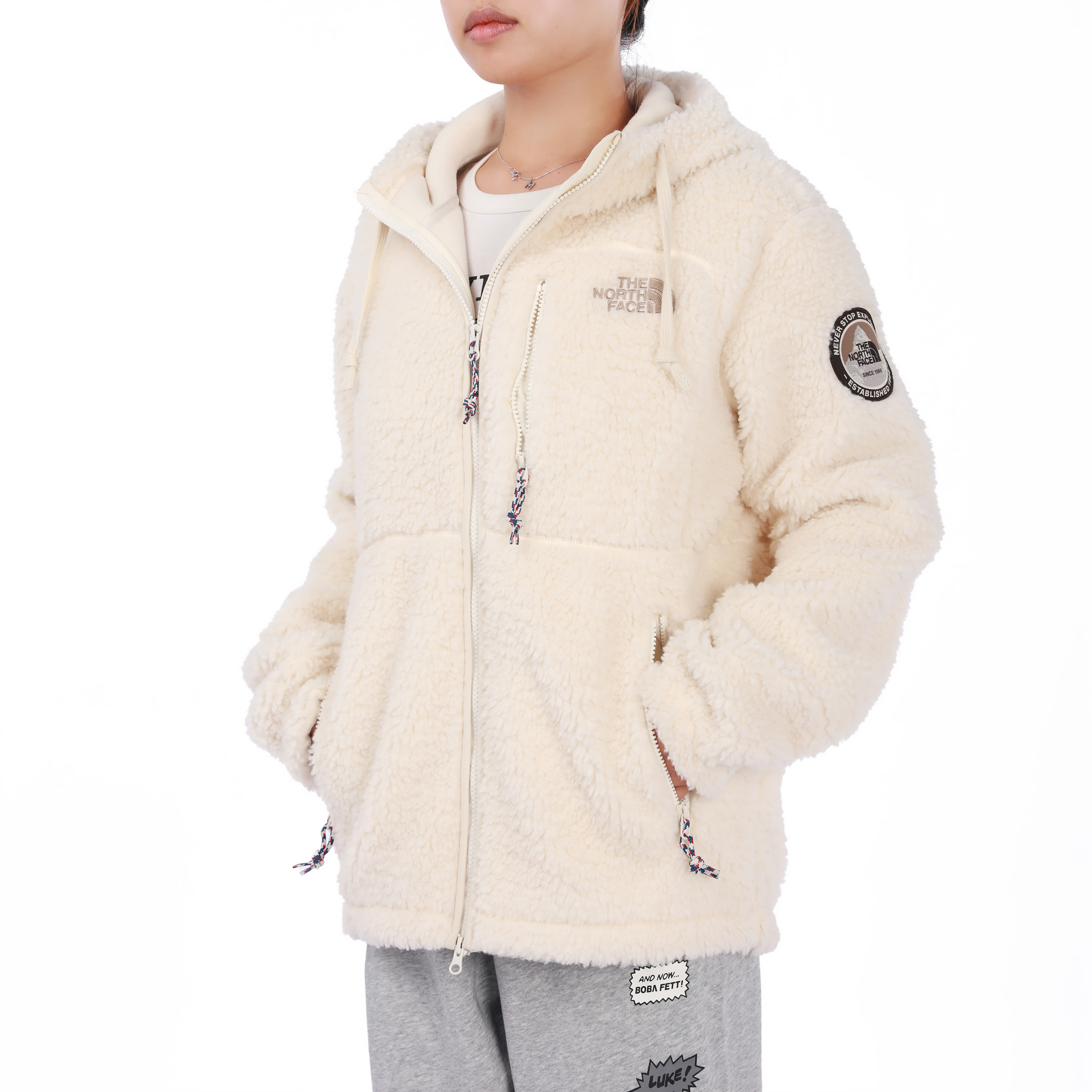TNF Logo Fleece Multi-Pocket Hoodie Jacket Beige Unisex Relaxed Fit NJ4FM57A 圖 6