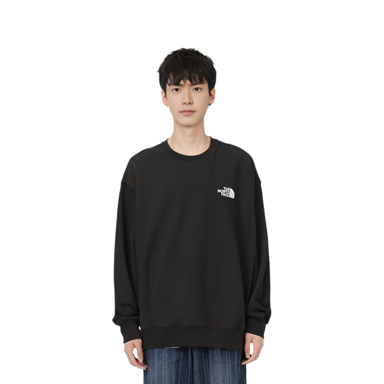 Shop The North Face 男款黑色標誌印花寬鬆款圓領長袖上衣 NM5MQ03A