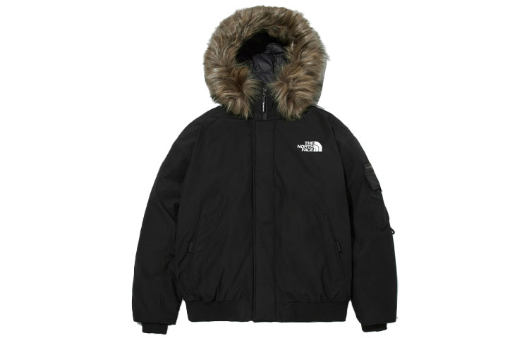 THE NORTH FACE Logo Print Hooded Down Jacket with Fur Collar Black (Unisex). NJ1DM68A
