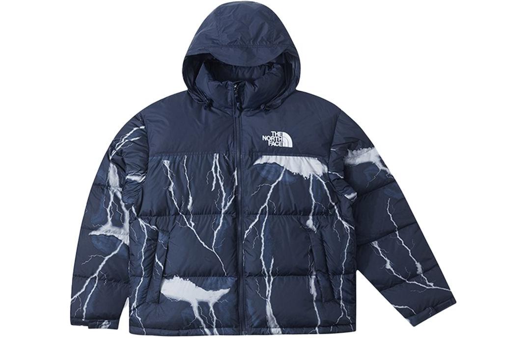 TNF Nuptse 1996 Camo Print Hooded Down Jacket Blue mens NF0A3C8D-SIP